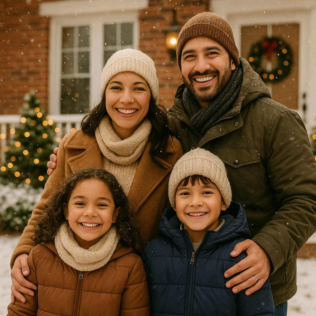 Canadian family standing outside their home, symbolizing financial stability and optimism for 2026.